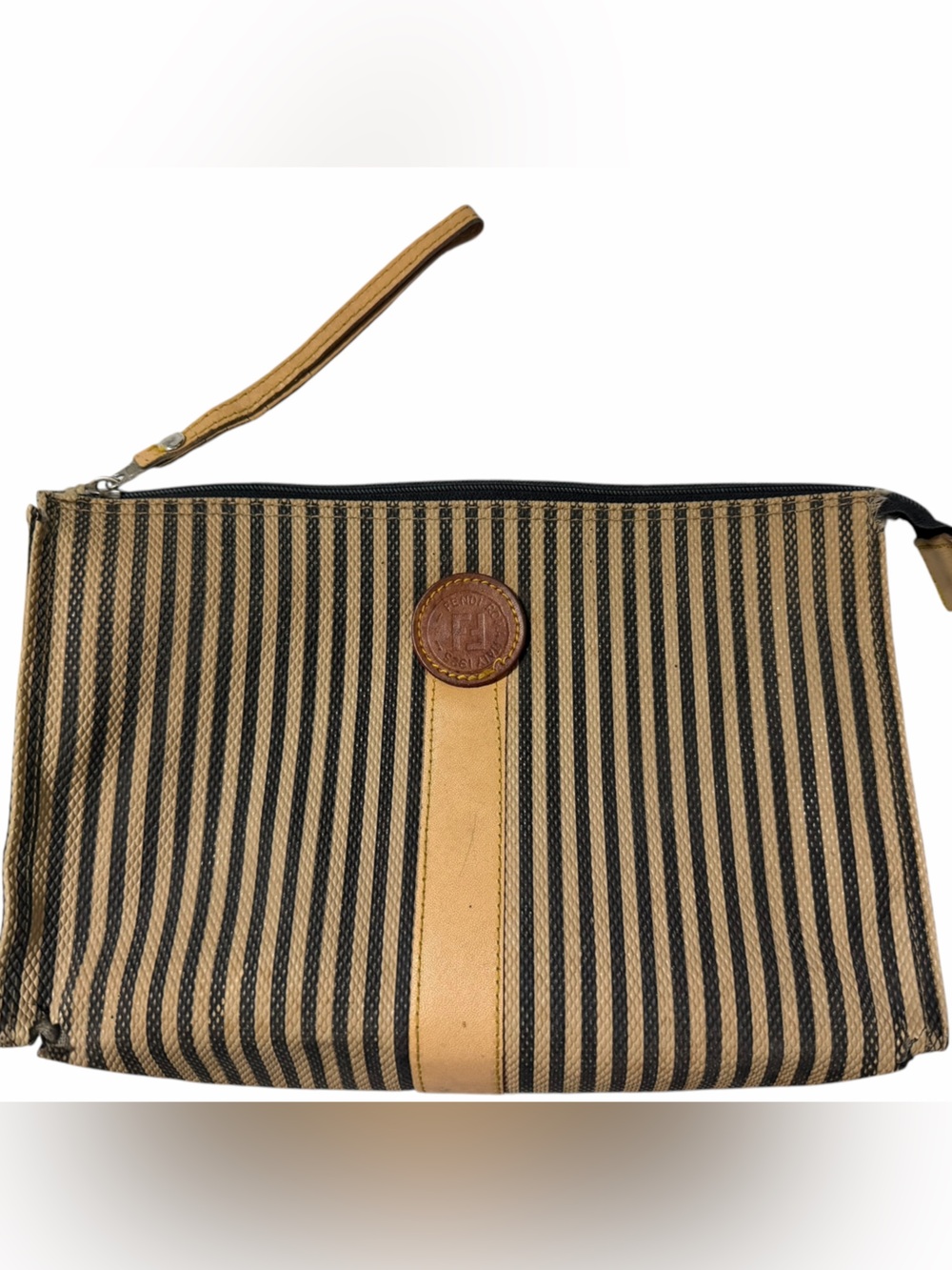 Fendi Striped Wristlet Clutch in Tan and Black Zip